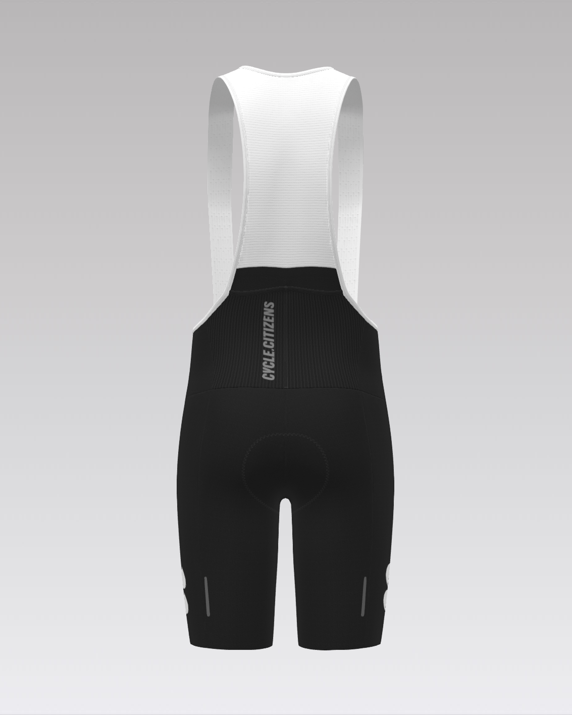 Black and white cycling bib shorts shown from the back on a light gray gradient background. The shorts are black with a white padded seat insert and white shoulder straps, featuring the brand name 'CYCLE CITIZENS' printed vertically on the back waistband.