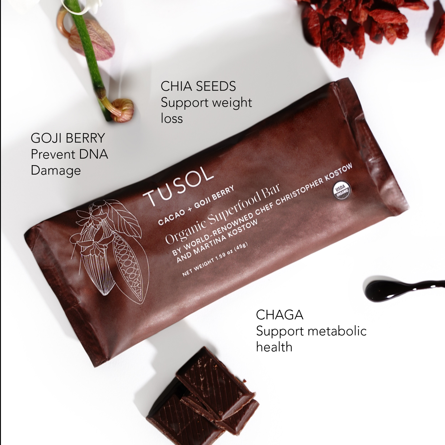 Organic Cacao + Goji Berry Superfood Bar (8 Pack) by TUSOL Wellness